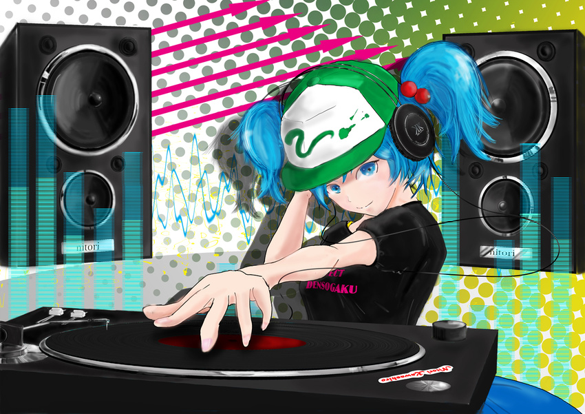 alternate_costume baseball_cap blue_eyes blue_hair commentary_request contemporary female foreshortening hair_bobbles hair_ornament hands hat headphones kawashiro_nitori phonograph photoshop_(medium) record short_hair solo sora_(dankesehr) speaker spectrum_analyzer touhou turntable twintails