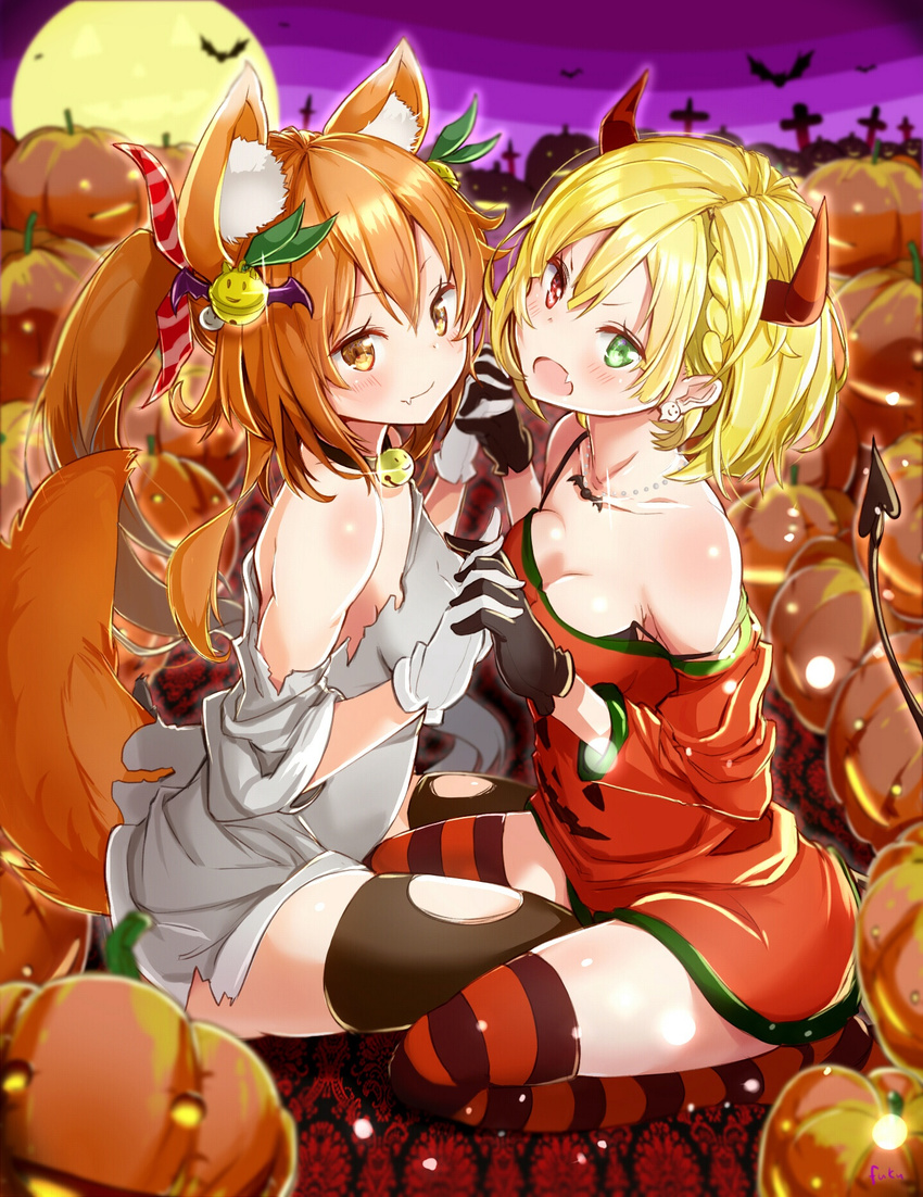 2girls animal_ears bare_shoulders bat_(animal) bell black_bra black_gloves black_legwear blonde_hair blush bra braid breasts brown_eyes brown_hair charlotte_(shironeko_project) cleavage closed_mouth collar commentary_request demon_horns demon_tail dog_ears dog_tail dress earrings fuku_kitsune_(fuku_fox) full_moon gloves graveyard green_eyes grey_dress hair_bell hair_ornament halloween heterochromia highres holding_hands horns interlocked_fingers jewelry jingle_bell jpeg_artifacts korin_(shironeko_project) leg_between_thighs long_hair looking_at_viewer medium_breasts moon multiple_girls neck_bell night oerba_yun_fang open_mouth outdoors pumpkin_pants red_dress red_eyes seiza shironeko_project short_hair sitting smile strap_slip striped_clothes striped_thighhighs tail thighhighs torn_clothes torn_thighhighs two_side_up underwear white_gloves