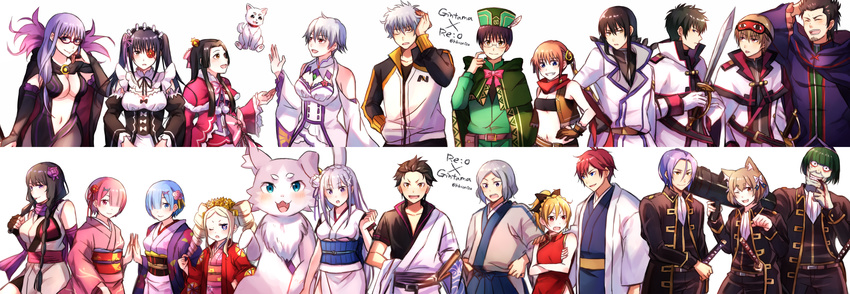 6+boys 6+girls absurdres bad_id bad_pixiv_id beatrice_(re:zero) blonde_hair blood character_request copyright_name cosplay costume_switch crossover drill_hair elsa_granhilte emilia_(re:zero) felix_argyle felt_(re:zero) genderswap_(mtf) gintama glasses grey_hair hat highres hijikata_toushirou japanese_clothes julius_juukulius kagura_(gintama) katsura_kotarou kimono kondou_isao long_hair multiple_boys multiple_girls natsuki_subaru okita_sougo otto_suewen parody petelgeuse_romaneeconti pink_hair puck_(re:zero) ram_(re:zero) re:zero_kara_hajimeru_isekai_seikatsu reinhard_van_astrea rem_(re:zero) rule_63 sadaharu sakata_ginko sakata_gintoki sarutobi_ayame shimura_shinpachi short_hair sword twin_drills weapon yagyuu_kyuubei yokoyama yukata