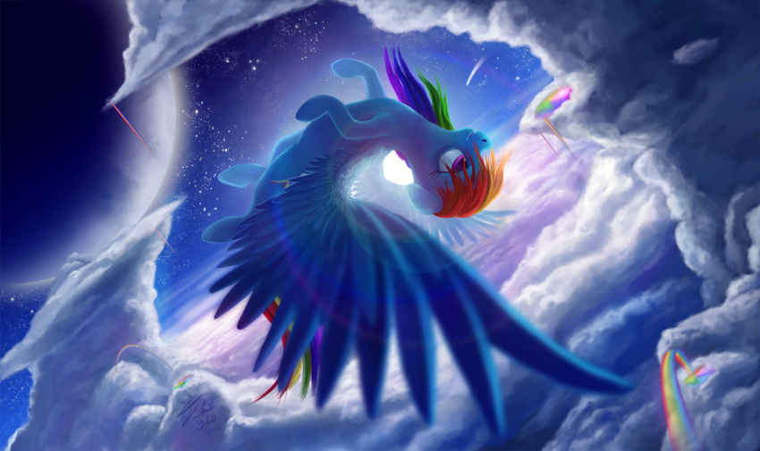 atmosphere blue_body blue_feathers blue_fur cloud cutie_mark equid equine feathered_wings feathers female feral friendship_is_magic fur hair hasbro hi_res mammal multicolored_hair my_little_pony mythological_creature mythological_equine mythology outside pegasus planet purple_eyes rainbow_dash_(mlp) rainbow_hair shooting_star sky skyscape solo star tsitra360 wings