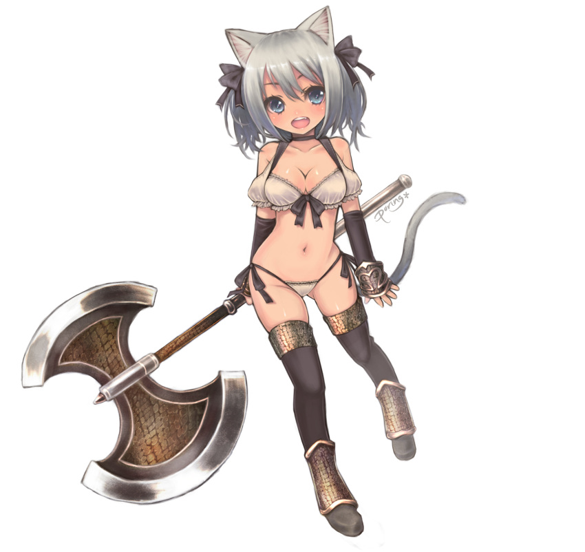 accessory animal_humanoid axe bare_shoulders battle_axe black_clothing black_legwear blue_eyes blush bow_(feature) bow_accessory bow_bra bow_ribbon bra breasts cat_humanoid cleavage clothed clothing collarbone colored_edge_panties domestic_cat double_bitted_axe felid felid_humanoid feline feline_humanoid felis female greataxe hair hair_accessory hair_ribbon hairbow hi_res holding_object holding_weapon humanoid legwear mammal mammal_humanoid melee_weapon miyamae_porin navel open_mouth panties pubic_mound ribbons short_hair side-tie_panties signature silver_hair simple_background smile solo tail tan_bra tan_clothing tan_panties tan_underwear thigh_highs twintails underwear underwear_only weapon white_background