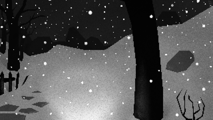 16:9 ambiguous_gender black_and_white creepy dark digital_media_(artwork) fence hide_(game) monochrome mot night outside pixel_(artwork) plant rock sky snow snowing tree white_noise widescreen winter wood zero_pictured