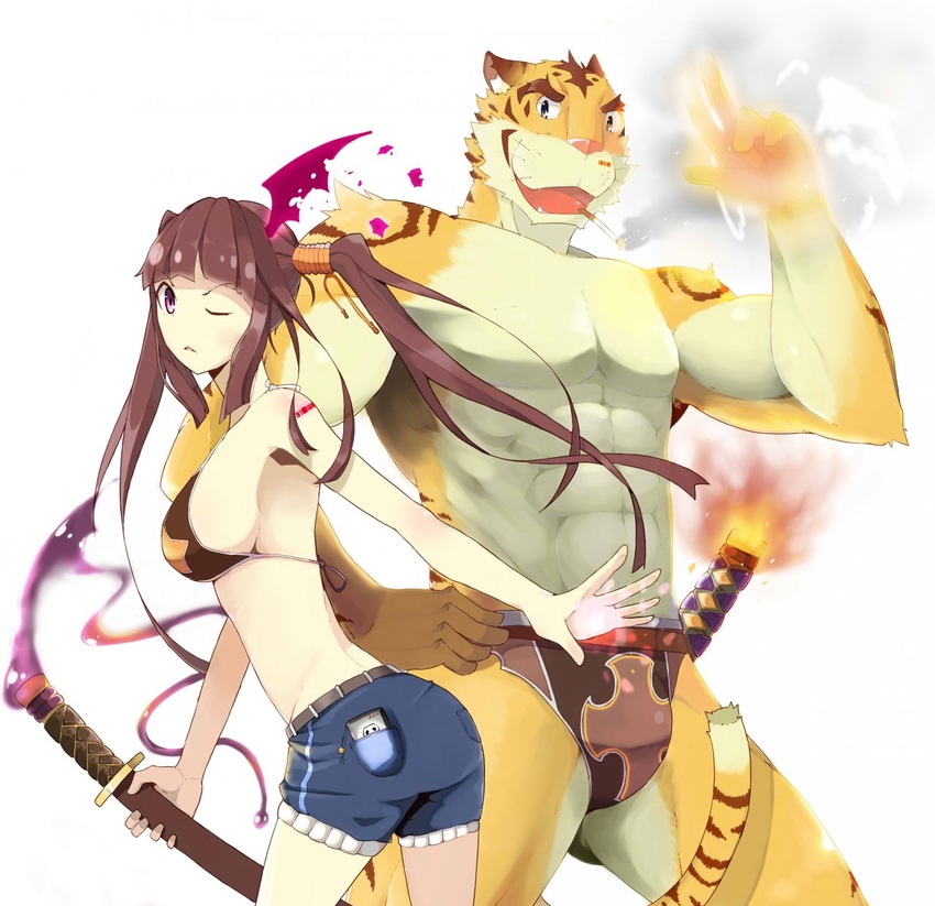 abs anthro athletic biceps bottomwear cigar clothed clothing duo fantasy felid female flexing fur hair hi_res human male mammal markings melee_weapon muscular pantherine pecs shorts simple_background smoke smoking speedo stripes swimwear sword tail tiger tkfkd5362 topless undertaker warrior weapon white_background