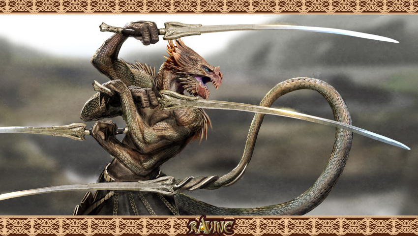 2012 4_arms biceps blade blue_eyes border brown_body brown_scales clothed clothing dragon english_text hi_res holding_melee_weapon holding_object holding_sword holding_weapon khan_naddar male melee_weapon multi_arm multi_limb multi_wielding multiple_weapons muscular muscular_male mythological_creature mythological_scalie mythology nebezial official_art open_mouth pecs prehensile_tail ravine_(nebezial) scabbard scales scalie shiva_(ravine) solo sword tail tail_blade text tongue topless warrior weapon weapon_tail