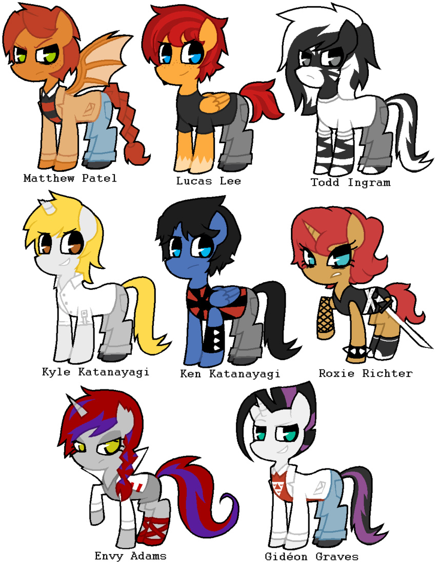 alternate_species black_body blue_body blue_eyes blue_hair bouch broken_horn brown_eyes clothing darkmoon english_text envy_adams equid equine fan_character feathered_wings feathers female feral frostbitten gideon_graves green_eyes green_hair grey_body grey_hair group hair hasbro hi_res horn horse ken_katanayagi kyle_katanayagi lucas_lee male mammal matthew_patel membrane_(anatomy) membranous_wings multicolored_hair my_little_pony mythological_creature mythological_equine mythology nekozneko ohnine orange_body orange_hair pegasus ponification pony quadruped quarter_note roxie_richter schwanck scott_pilgrim_(series) scott_pilgrim_vs._the_world simple_background snapshot_(mlp) tail terrafirma text todd_ingram two_tone_hair unicorn white_background white_body wings yellow_eyes