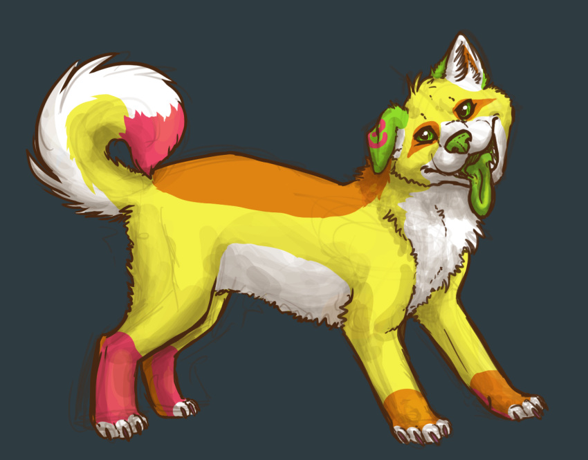 ambiguous_gender canid canine canis citrus digitigrade domestic_dog feral fur green_body green_fur green_tongue mammal octobertiger orange_body orange_fur quadruped red_body red_fur simple_background solo tail tongue white_body white_fur yellow_body yellow_fur