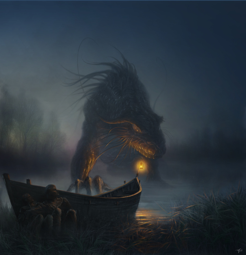 ambiguous_gender boat clothing cyrilbarreaux detailed_background digital_media_(artwork) feral forest group hi_res hiding horror_(theme) human lamp male mammal marsh monster night oil_lamp outside plant reed reptile scalie scared scenery sky solo_focus tree vehicle water watercraft wood