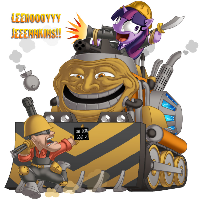 1:1 2012 alpha_channel armor berrypawnch bomb bulldozer clothing crossover derp_eyes digital_media_(artwork) engineer_(team_fortress_2) english_text equid equine explosives eyewear female friendship_is_magic fur gatling_gun goggles group gun hair hard_hat hasbro headgear helmet horn human leeroy_jenkins machine_gun male mammal melee_weapon meme multicolored_hair my_little_pony mythological_creature mythological_equine mythology overalls purple_body purple_eyes purple_fur purple_hair ranged_weapon rocket_launcher simple_background sword team_fortress_2 text transparent_background trollface twilight_sparkle_(mlp) two_tone_hair unicorn valve weapon