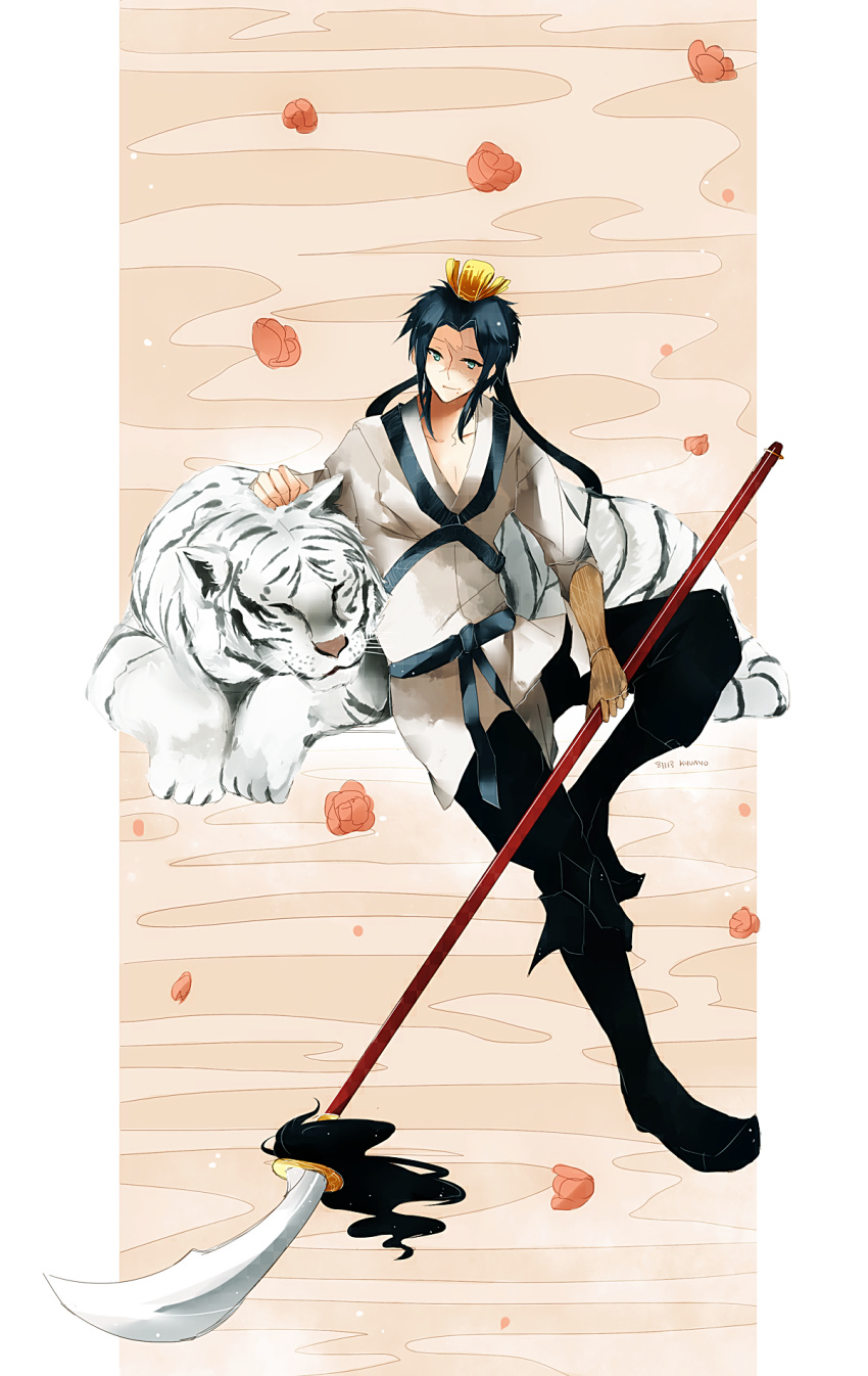 asian_clothing black_hair boots clothed clothing duo east_asian_clothing felid footwear hair hakuryuu hi_res japanese_clothing kyunyo long_hair male mammal melee_weapon naginata pantherine polearm tiger weapon