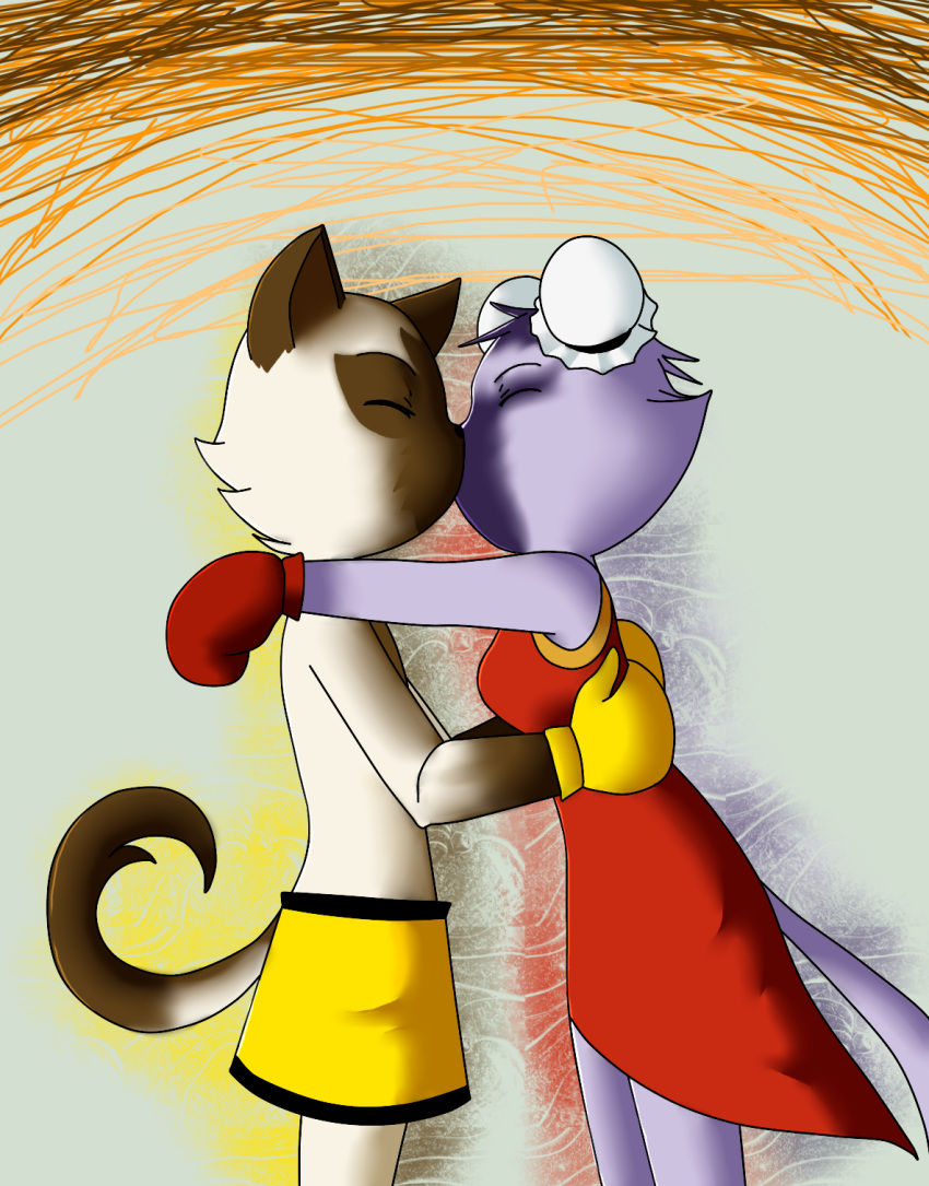 animal_boxing anthro bottomwear boxing boxing_gloves chun_(animal_boxing) closed_eyes clothing domestic_cat duo felid feline felis female firered1924 handwear hi_res hug kissing lee_(animal_boxing) male mammal pantherine pants sport