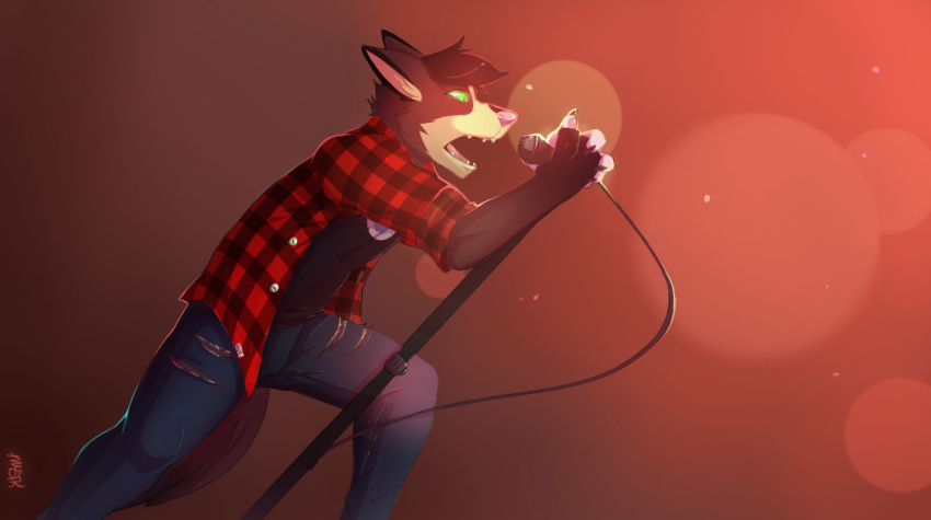 2013 anthro bottomwear brown_body brown_fur button_(fastener) canid canine canis claws clothed clothing coyote denim denim_bottomwear denim_clothing digital_media_(artwork) electronics fur green_eyes holding_microphone holding_object huttser-coyote_(character) jeans lens_flare male mammal microphone microphone_stand mystikfox61 open_mouth pants pattern_clothing pattern_shirt pattern_topwear plaid plaid_clothing plaid_shirt plaid_topwear shirt signature simple_background singing solo topwear torn_clothing