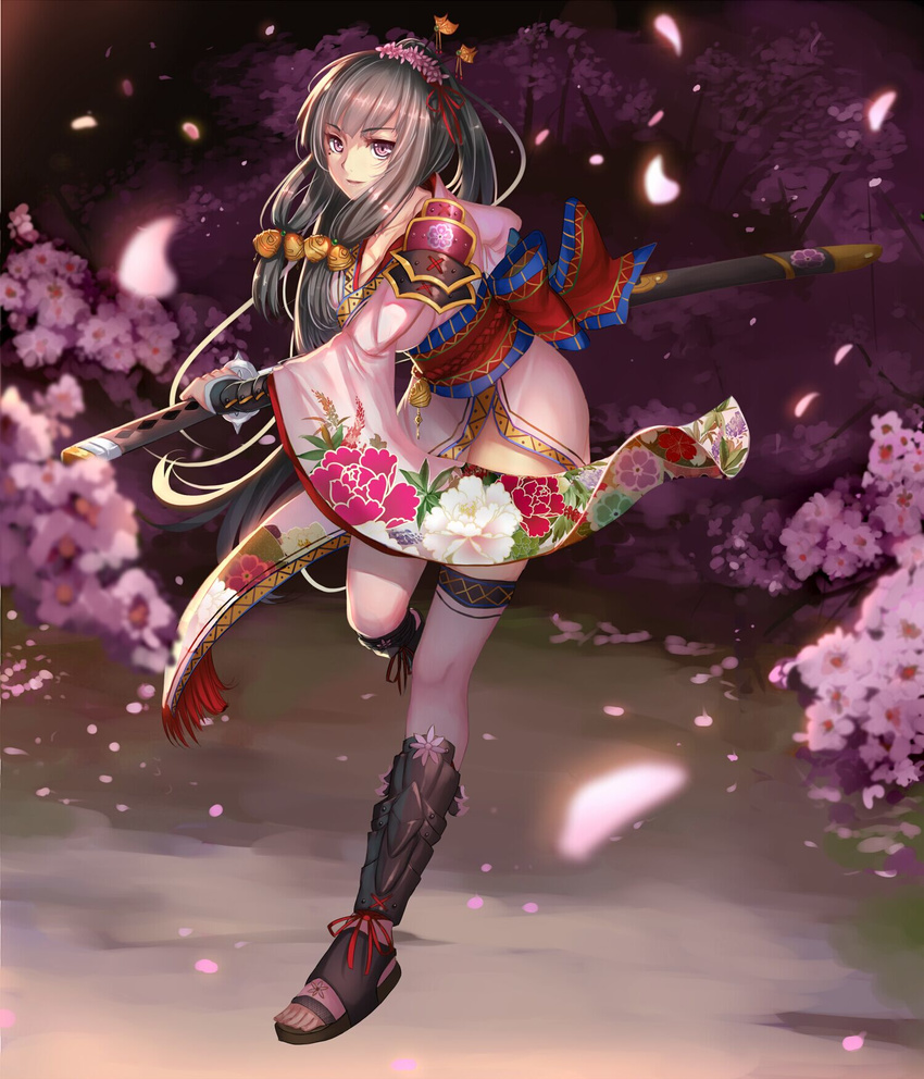 armor bell black_hair breasts cherry_blossoms chinese_commentary cleavage closed_mouth commentary_request female floral_print flower full_body hair_bell hair_flower hair_ornament hair_ribbon highres holding holding_sword holding_weapon incoming_attack japanese_armor japanese_clothes katana kimono large_breasts leaning_forward long_hair long_sleeves looking_at_viewer luoxuan_jingjie_xian mole mole_under_eye musyne_xsk obi official_art original outdoors peony_print pink_eyes ponytail red_ribbon ribbon sandals sash shin_guards sidelocks smile solo sword thighhighs very_long_hair weapon white_thighhighs wide_sleeves