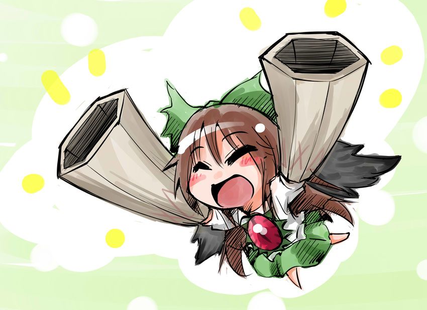 ^_^ absurdres arm_cannon blush_stickers bow brown_hair chibi closed_eyes commentary_request dual_arm_cannons female green_skirt hairbow happy highres holding long_hair reiuji_utsuho shinapuu skirt smile solo touhou weapon wings