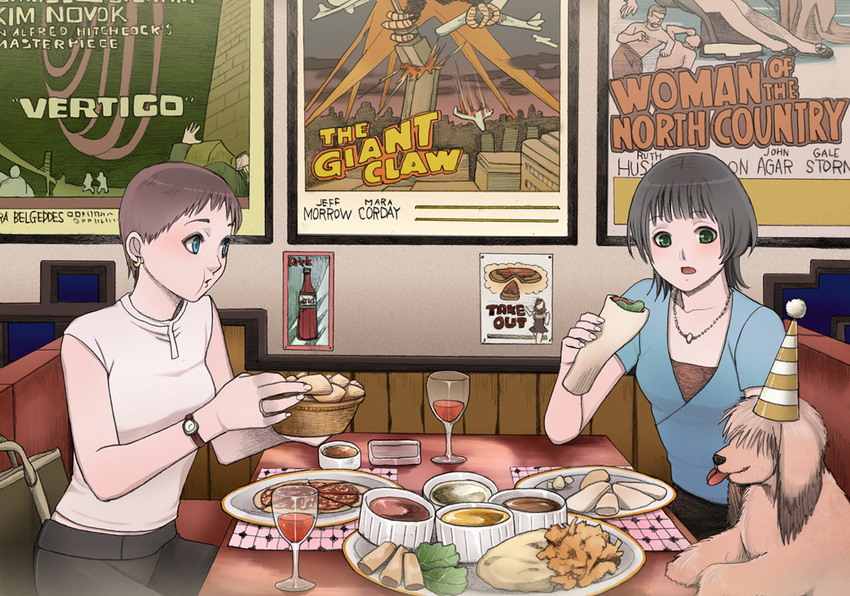 2girls alcohol bad_id bad_pixiv_id black_hair blue_eyes brown_hair canine cup drinking_glass eating food green_eyes hat jewelry movie_poster_(object) multiple_girls necklace original party_hat pizza poster_(object) restaurant ring short_hair tongue watch wine wine_glass wristwatch yuuki_rika