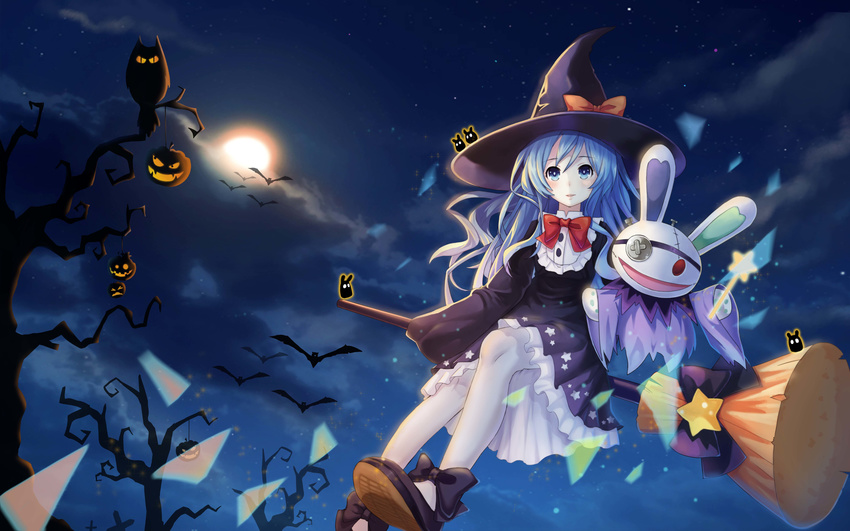 300_heroes absurdres bare_tree bat_(animal) bird blue_eyes blue_hair blue_shrimp bow bowtie broom broom_riding cloud commentary_request date_a_live female frilled_skirt frills hat hat_bow highres jack-o'-lantern long_hair long_sleeves looking_at_viewer moon night night_sky owl photoshop_(medium) red_bow red_bowtie sidesaddle skirt sky stuffed_animal stuffed_rabbit stuffed_toy tree wand white_legwear wide_sleeves witch_hat yoshino_(date_a_live) yoshinon