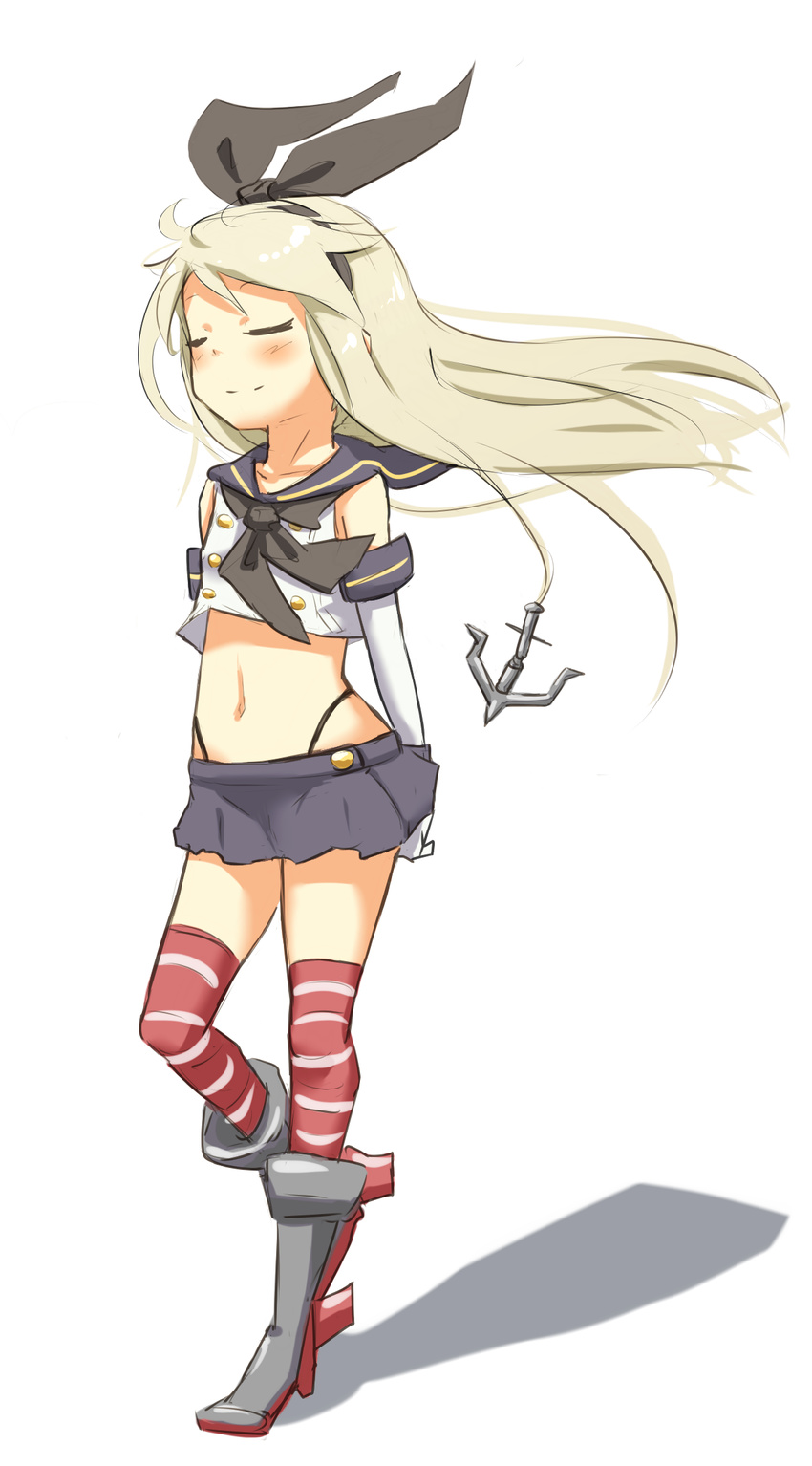 anchor_hair_ornament blonde_hair closed_eyes commentary_request crop_top elbow_gloves female floating_hair gloves hair_ornament hairband highleg highleg_panties highres ito_(itokayu) kantai_collection long_hair midriff miniskirt navel neckerchief panties shimakaze_(kancolle) skirt smile solo striped_clothes striped_thighhighs thighhighs underwear white_background