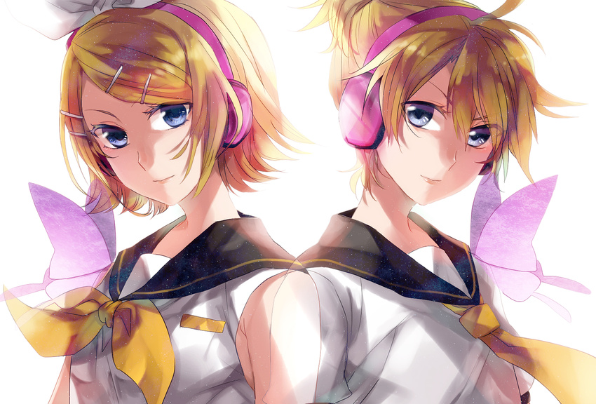 1boy blonde_hair blue_eyes brother_and_sister bug butterfly commentary_request female hair_ornament hair_ribbon hairclip headphones highres kagamine_len kagamine_rin migikata_no_chou_(vocaloid) ribbon shion_(kizuro) short_hair siblings twins vocaloid wings