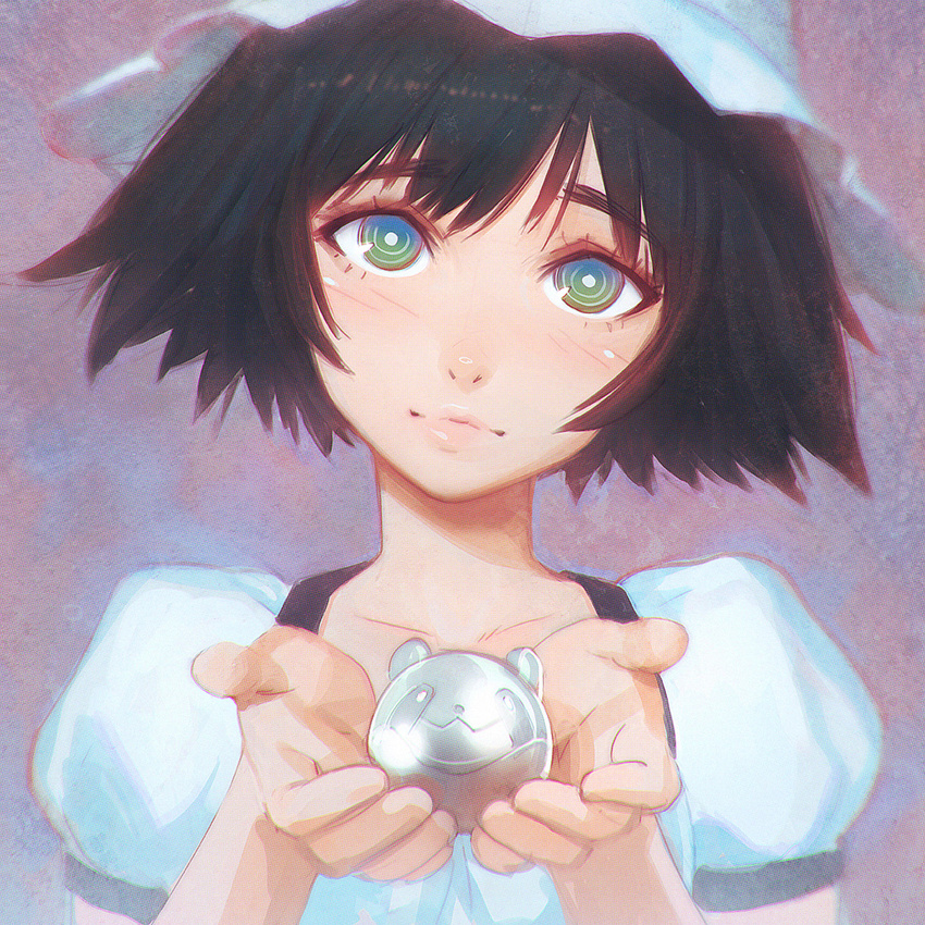 black_hair blue_eyes commentary_request female hat head_tilt ilya_kuvshinov metal_upa photoshop_(medium) shiina_mayuri short_hair solo steins;gate upper_body