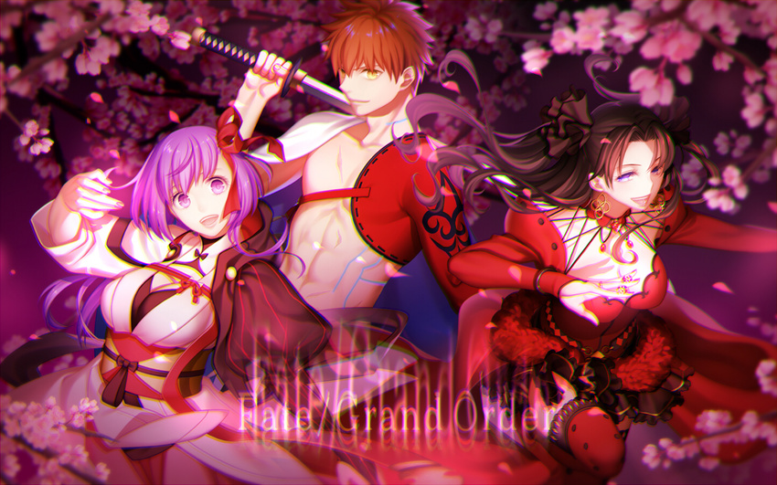 1boy 2girls :d abs arkray armor black_hair blue_eyes blurry bracelet cherry_blossoms command_spell commentary copyright_name depth_of_field dress earrings emiya_shirou eyelashes fate/grand_order fate/stay_night fate_(series) frills hair_ornament hair_ribbon holding holding_sword holding_weapon hood hood_down igote japanese_clothes jewelry long_hair long_sleeves looking_at_viewer magic_circuit matou_sakura matou_sakura_(imaginary_around) multiple_girls nail_polish navel obi open_mouth orange_hair outstretched_hand over_shoulder parted_bangs petals polka_dot polka_dot_legwear puffy_sleeves purple_eyes purple_hair red_dress red_eyes red_legwear red_ribbon ribbon ribbon_trim ring sash senji_muramasa_(fate) shade short_hair smile standing standing_on_one_leg star_(symbol) sword sword_over_shoulder teeth thighhighs tohsaka_rin tohsaka_rin_(formalcraft) two_side_up weapon weapon_over_shoulder white_ribbon yellow_eyes zettai_ryouiki