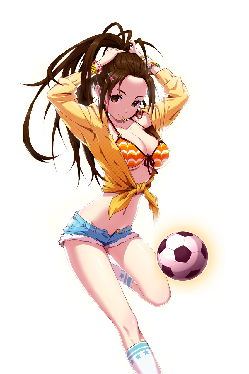 adjusting_hair ball bead_bracelet beads blue_shorts bracelet breasts brown_eyes brown_hair cleavage comiccho denim denim_shorts earrings female hair_ornament highres hoop_earrings jewelry long_hair medium_breasts midriff mouth_hold nana_(soccer_spirits) navel short_shorts shorts soccer_ball soccer_spirits socks solo standing transparent_background underboob white_socks