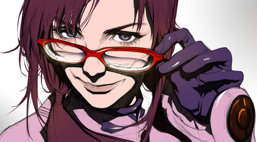 bodysuit brown_hair commentary_request evangelion:_2.0_you_can_(not)_advance female glasses kiyohisa makinami_mari_illustrious neon_genesis_evangelion pilot_suit pink_bodysuit plugsuit portrait purple_eyes realistic rebuild_of_evangelion science_fiction smile solo twintails