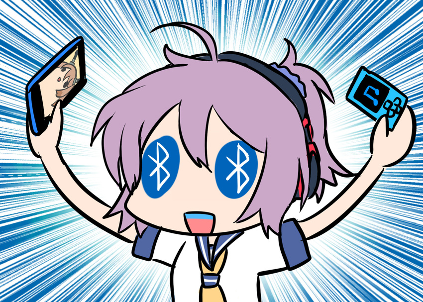 annotated aoba_(kancolle) arms_up blew_andwhite blue_eyes bluetooth cellphone colored_teeth commentary digital_media_player female headphones kantai_collection mutsu_(kancolle) mutsu_(snail) phone pun smartphone symbol-shaped_pupils teeth too_literal