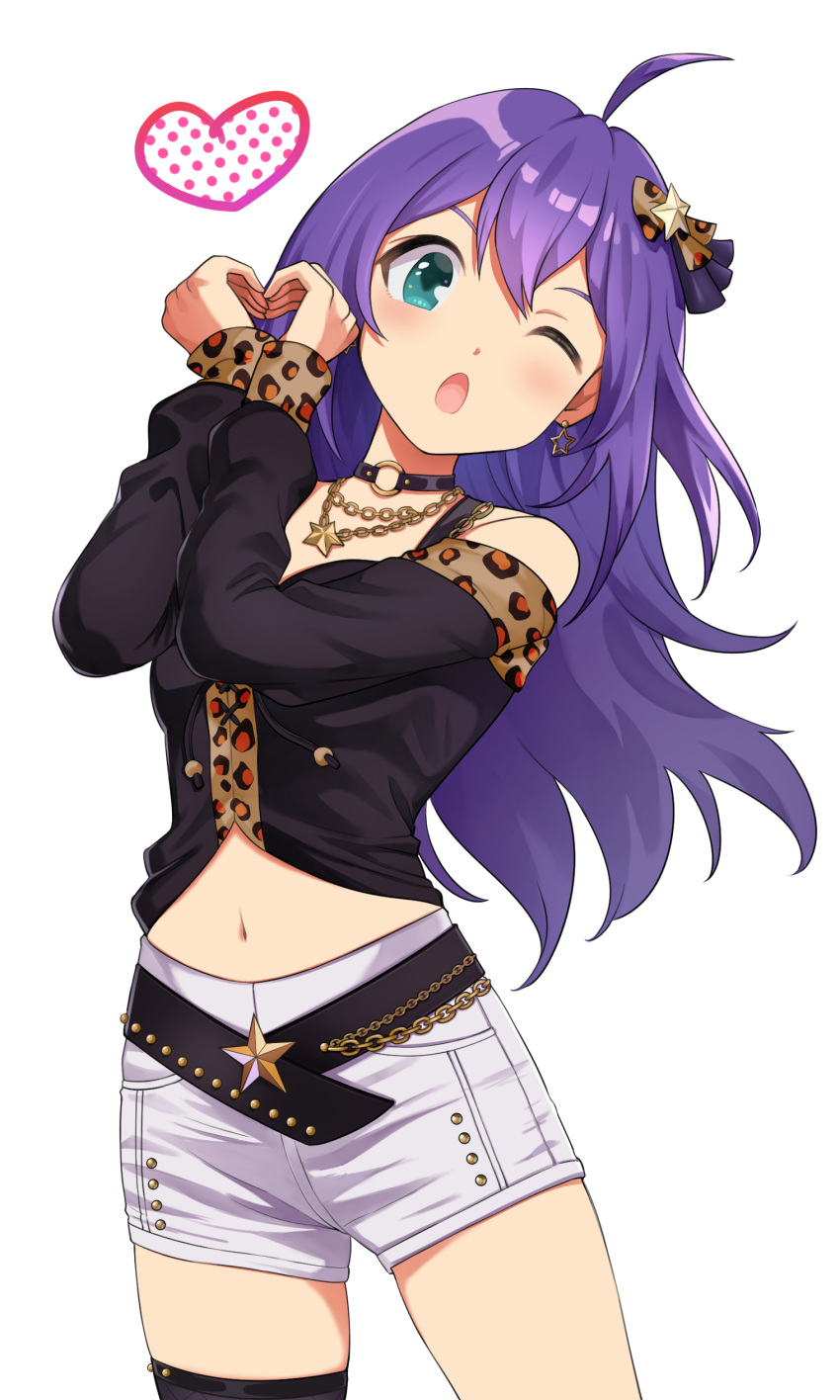 absurdres ahoge belt black_belt black_choker choker commentary cowboy_shot double-parted_bangs female green_eyes hanamasa_ono heart heart_hands highres idolmaster idolmaster_million_live! idolmaster_million_live!_theater_days jewelry long_hair looking_at_viewer midriff mochizuki_anna navel necklace one_eye_closed open_mouth purple_hair short_shorts shorts smile solo standing white_background white_shorts