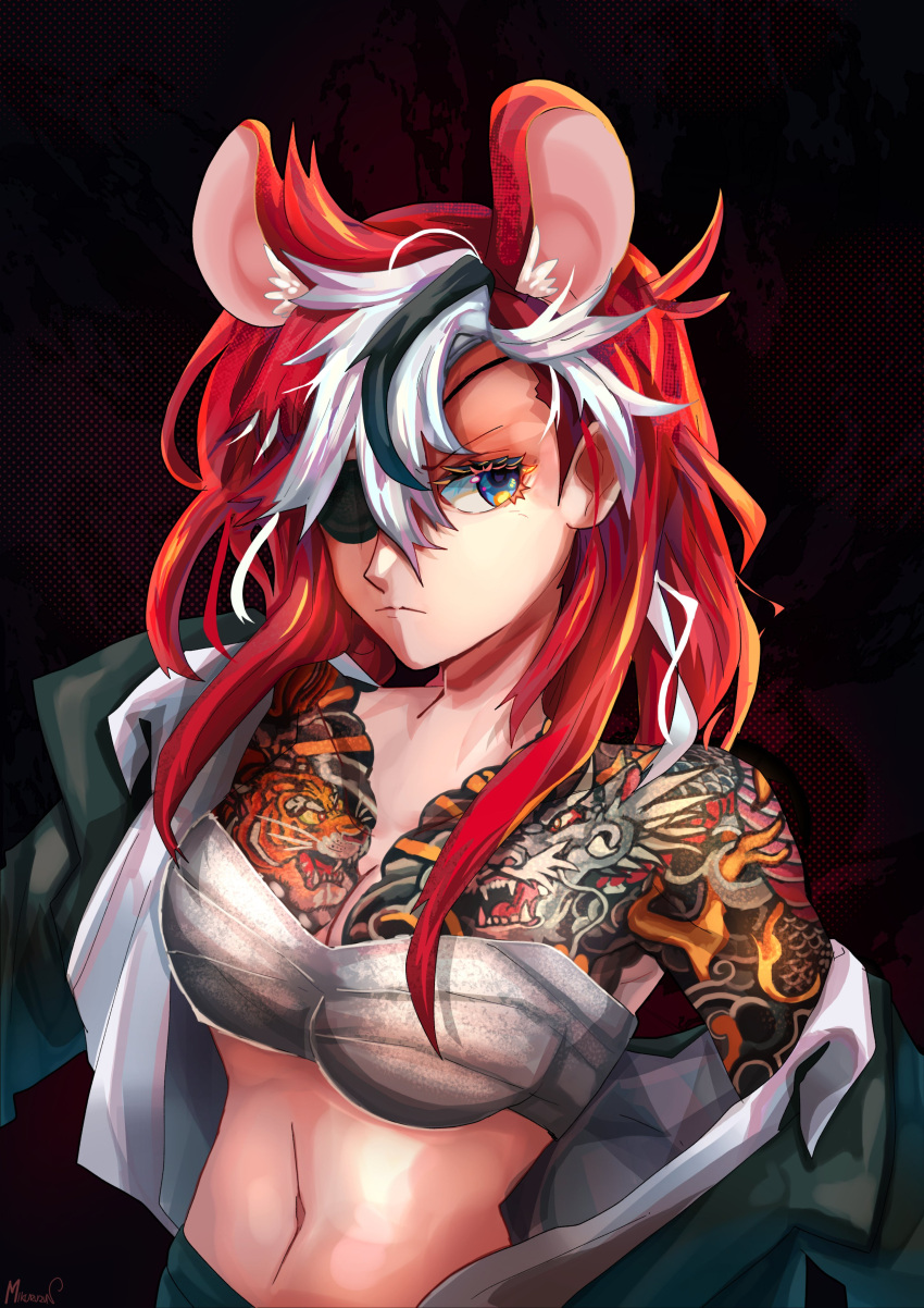 absurdres alternate_costume animal_ears bare_shoulders black_background chest_sarashi expressionless eyepatch female hakos_baelz highres hololive hololive_english long_hair miku_(mikururun) mouse_ears mouse_girl multicolored_hair navel red_hair ryuu_ga_gotoku sarashi solo streaked_hair suit tattoo virtual_youtuber white_hair