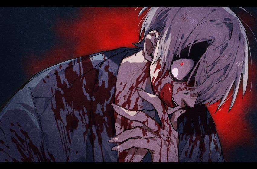 1boy bags_under_eyes blood blood_on_clothes blood_on_face blood_on_hands collarbone fingernails gegege_no_kitarou glowing glowing_eyes grey_hair highres kitarou_tanjou:_gegege_no_nazo licking licking_lips looking_at_viewer male_focus medama_oyaji medama_oyaji_(human) nive_(dn) red_background red_eyes shaded_face sharp_fingernails short_hair solo teeth tongue tongue_out