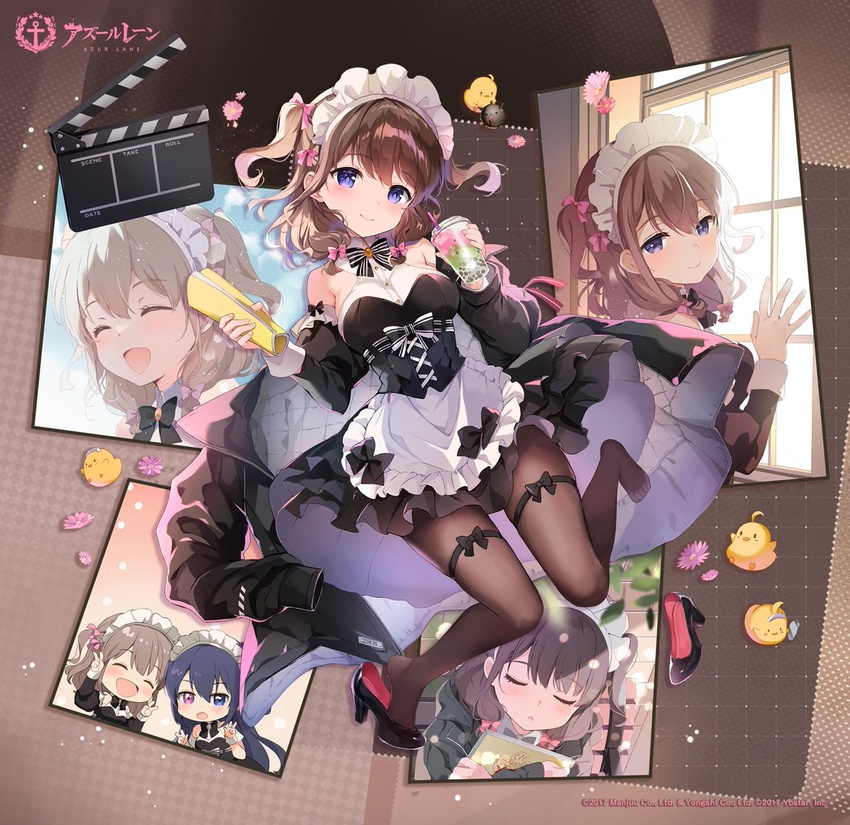 2girls apron azur_lane black_bow black_bowtie black_corset black_footwear black_jacket blue_eyes bow bowtie breasts brown_hair clapperboard closed_eyes closed_mouth copyright_name copyright_notice corset cup detached_sleeves dress frilled_apron frilled_dress frills hairbow holding holding_cup jacket long_hair long_sleeves looking_at_viewer maid maid_apron maid_headdress manjuu_(azur_lane) medium_breasts multiple_girls official_alternate_costume official_art pantyhose pink_bow sakura_koharu second-party_source smile thigh_strap two_side_up unworn_jacket z35_(azur_lane) z35_(liebender_engel)_(azur_lane) z36_(azur_lane)