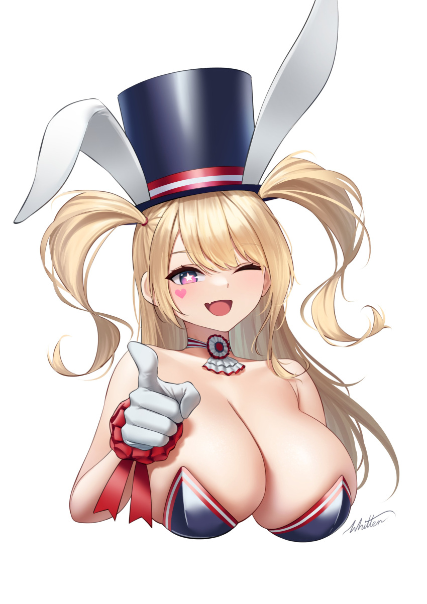 absurdres artist_name azur_lane blonde_hair breasts cleavage cosplay english_commentary female gloves guam_(azur_lane) guam_(stage-setting_charmer)_(azur_lane) hat highres huge_breasts long_hair looking_at_viewer oerba_yun_fang official_alternate_costume one_eye_closed open_mouth pointing pointing_at_viewer skin_fang solo top_hat twintails uncle_sam uncle_sam_(cosplay) undersized_breast_cup upper_body very_long_hair white_gloves whitter