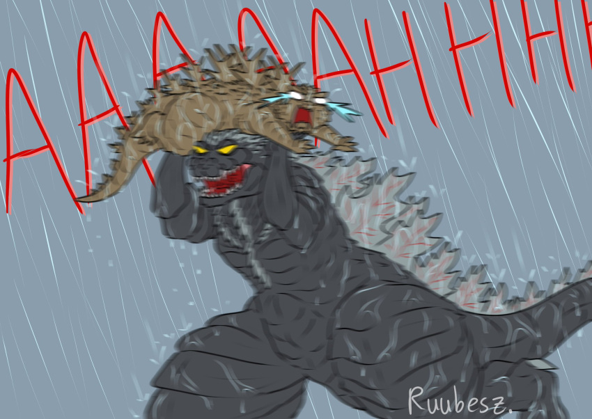 bad_parenting bodily_fluids crying dinosaur duo english_text extinct feral godzilla godzilla_(series) hi_res holding_another kaiju male muscular open_mouth prehistoric_species raining reptile running ruubeszdraws scales scalie screaming simple_background size_difference spikes spikes_(anatomy) spines tears text toho wet