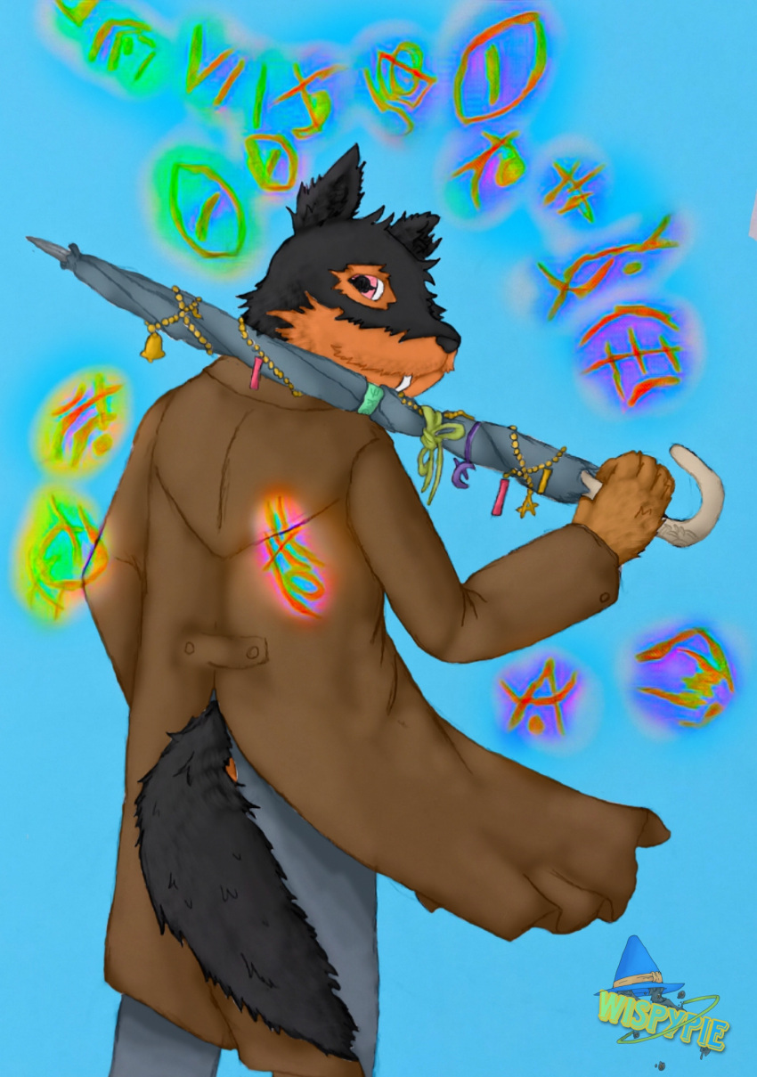 absurd_res anthro black_body black_fur bottomwear brown_body brown_fur canid canine clothed clothing coat fangs fur hi_res looking_at_viewer looking_back magic magic_user male mammal multicolored_body multicolored_fur mythological_canine mythological_creature mythology notched_ear orange_body orange_fur pants pink_eyes rear_view simple_background smile solo tail teeth topwear umbrella unusual_weapon vampire warren_crawford weapon were werecanid werecanine werewolf wispypie