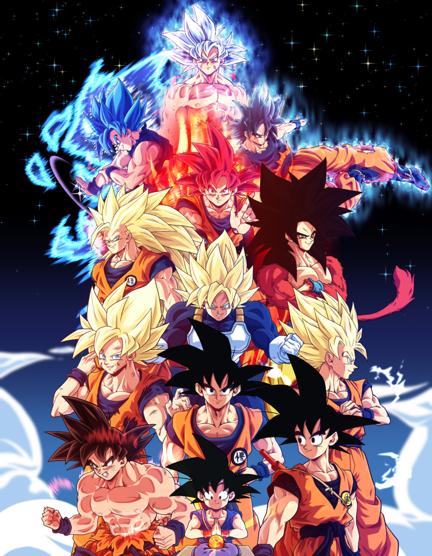 6+boys absurdres age_progression aura black_hair blonde_hair blue_hair blue_wristband clenched_teeth commentary crossed_arms dougi dragon_ball dragon_ball_(classic) dragon_ball_(object) dragon_ball_gt dragon_ball_super dragon_ball_z english_commentary fighting_stance ftw_arts gloves glowing glowing_hair grey_hair highres kaiouken long_hair looking_at_viewer looking_to_the_side male_focus monkey_tail multiple_boys multiple_persona muscular muscular_male own_hands_together palms_together pants pectorals praying red_fur red_hair ruyi_jingu_bang saiyan_armor smile son_goku spiked_hair staff star_(sky) super_saiyan super_saiyan_1 super_saiyan_2 super_saiyan_3 super_saiyan_4 super_saiyan_blue super_saiyan_god tail teeth topless_male torn_clothes torn_pants ultra_instinct white_gloves wristband