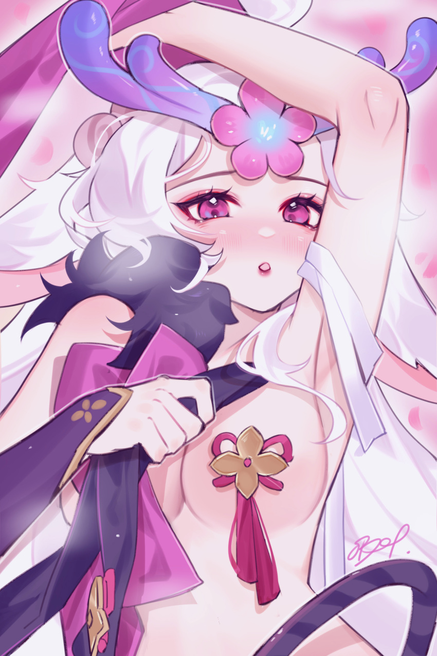 :o absurdres antlers arm_up armpits blush breasts female flower hair_ornament highres holding horns league_of_legends lillia_(league_of_legends) long_hair medium_breasts pink_eyes pink_flower ribbon solo spirit_blossom_lillia thedistantdawn upper_body white_hair