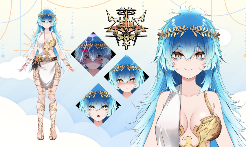 absurdres ancient_greek_clothes belt blue_eyes blue_hair breasts diamond-shaped_pupils diamond_(shape) dress female gold_footwear gold_headwear greco-roman_clothes highres kana616 laurel_crown looking_at_viewer medium_breasts multiple_views mythos_(vtuber) official_art reference_sheet sandals symbol-shaped_pupils toga virtual_youtuber white_dress zeus_(vtuber)