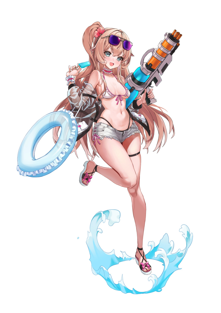 absurdres anastasia_(brown_dust) bikini brown_dust_2 eyewear_on_head female food full_body hairband highres holding holding_food holding_popsicle holding_water_gun inflatable_raft jacket long_hair popsicle sandals scrunchie see-through see-through_jacket short_shorts shorts simple_background solo splashing standing standing_on_one_leg sunglasses swimsuit water_gun white_background wrist_scrunchie yan.c