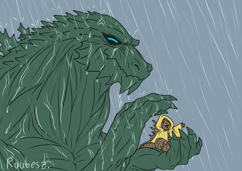 clothing coat dinosaur duo extinct feral godzilla godzilla_(series) hi_res holding_another kaiju male muscular open_mouth prehistoric_species raincoat raining reptile ruubeszdraws scales scalie shielding simple_background size_difference spikes spikes_(anatomy) spines toho topwear wet