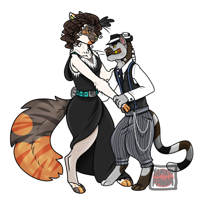 1920s 1930s alpha_channel anthro cigar clothing dancing domestic_cat dress duo felid feline felis female flapper_dress hi_res maine_coon male male/female mammal romantic romantic_couple size_difference tabby_cat yamatopawa zoot_suit