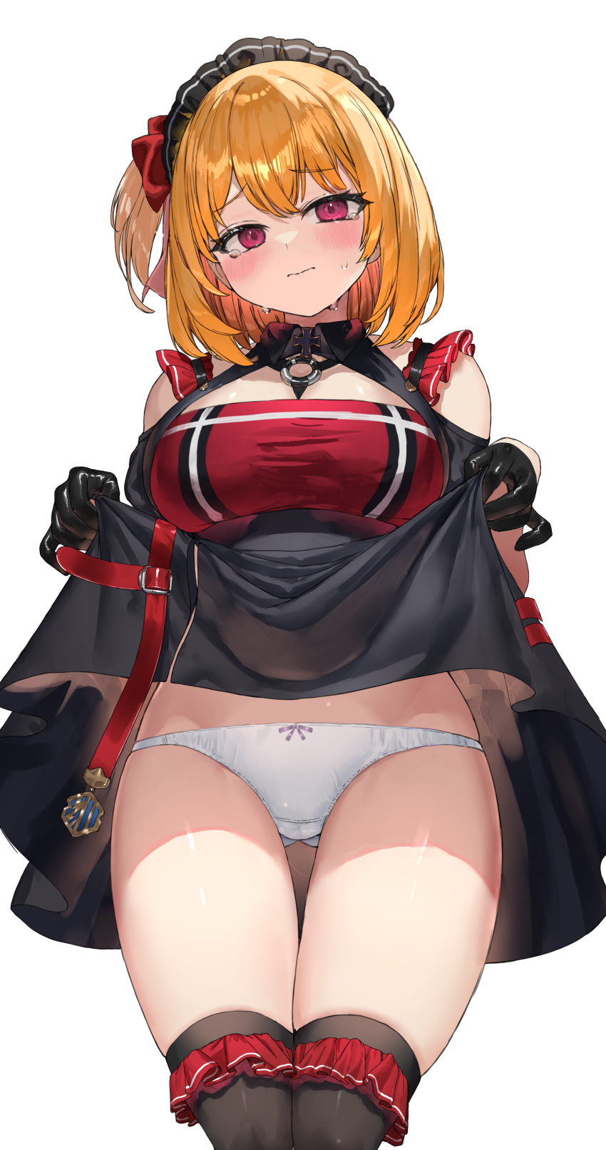 absurdres ass_visible_through_thighs azur_lane black_gloves black_skirt black_thighhighs blonde_hair blush bow bow_panties breasts closed_mouth clothes_lift commentary_request cross female frilled_thighhighs frills from_below gloves hairbow half_gloves head_tilt high-waist_skirt highres iron_cross large_breasts leipzig_(azur_lane) leipzig_(storefront_training)_(azur_lane) lifting_own_clothes official_alternate_costume one_side_up panties ranf red_bow red_eyes simple_background skirt skirt_lift solo sweat thigh_gap thighhighs underwear white_background white_panties