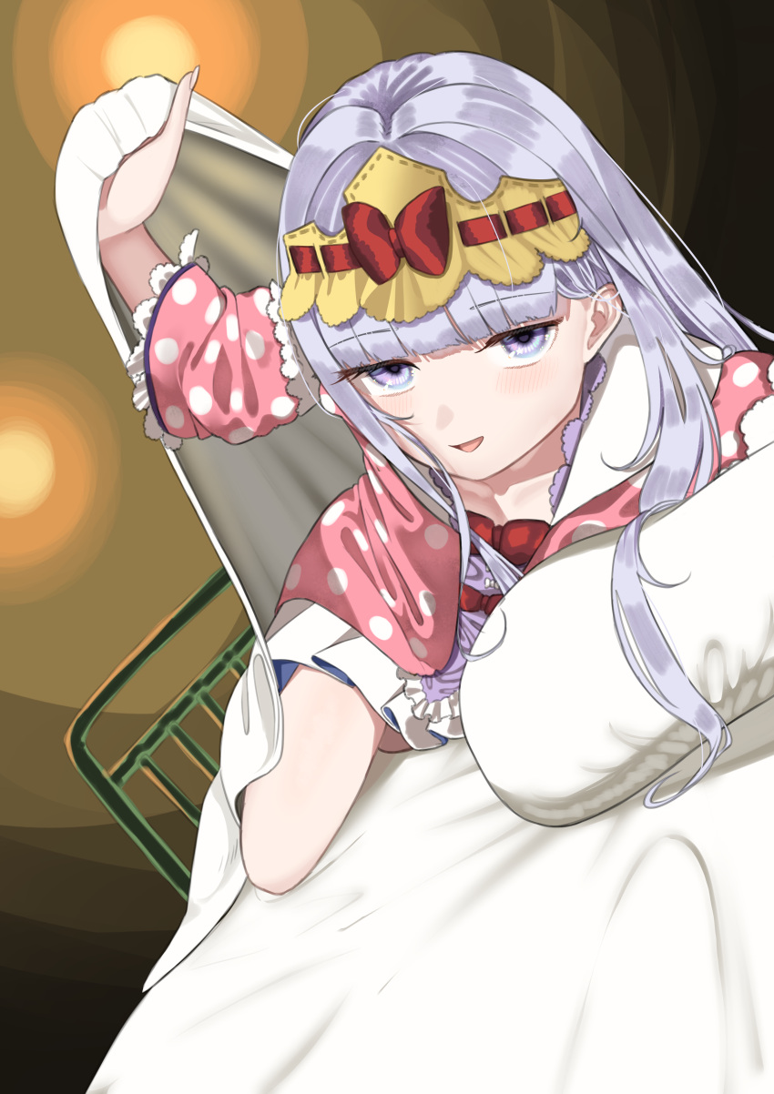 absurdres aurora_sya_lis_kaymin bow female grey_eyes grey_hair headband highres indoors long_hair looking_at_viewer maou-jou_de_oyasumi on_bed pajamas pillow polka_dot polka_dot_pajamas purple_eyes red_bow under_covers watami3316 yellow_headband