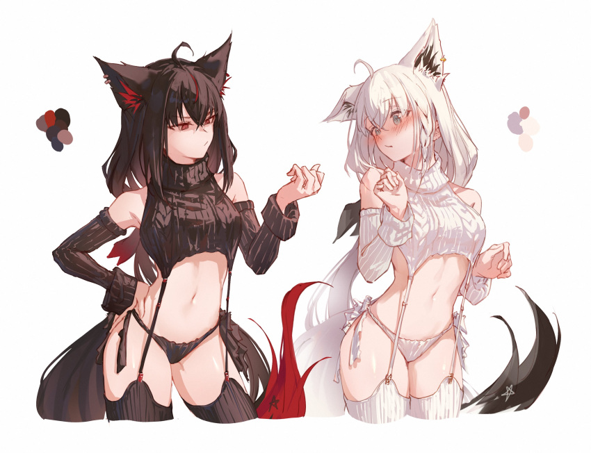 2girls absurdres ahoge alternate_costume animal_ear_fluff animal_ears aqua_eyes aran_legwear black_garter_straps black_hair black_sweater braid cable_knit commentary cowboy_shot detached_sleeves fox_ears fox_girl fox_tail garter_straps highres hololive hyde_(tabakko) kurokami_fubuki long_hair looking_to_the_side meme_attire multiple_girls navel panties pentagram red_eyes ribbed_legwear ribbed_panties ribbed_sleeves ribbed_sweater ribbed_thighhighs shirakami_fubuki side-tie_panties side_braid single_braid sleeveless sleeveless_sweater sleeveless_turtleneck stomach sweater tail turtleneck turtleneck_sweater underwear virgin_destroyer_sweater virtual_youtuber white_background white_garter_straps white_hair white_sweater