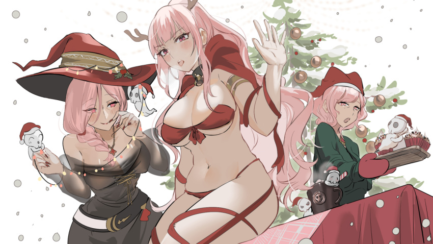 3girls alternate_costume antlers blush braid breasts christmas christmas_lights christmas_ornaments christmas_tree cup cupcake deadbeat_(calliope_mori) food grandma_mori grandmother_and_granddaughter half_capelet hat holly hololive hololive_english horns large_breasts looking_at_viewer mama_mori mature_female mori_calliope mother_and_daughter mug multiple_girls ponytail red_ribbon reindeer_antlers ribbon santa_hat set7 simple_background single_braid virtual_youtuber witch_hat