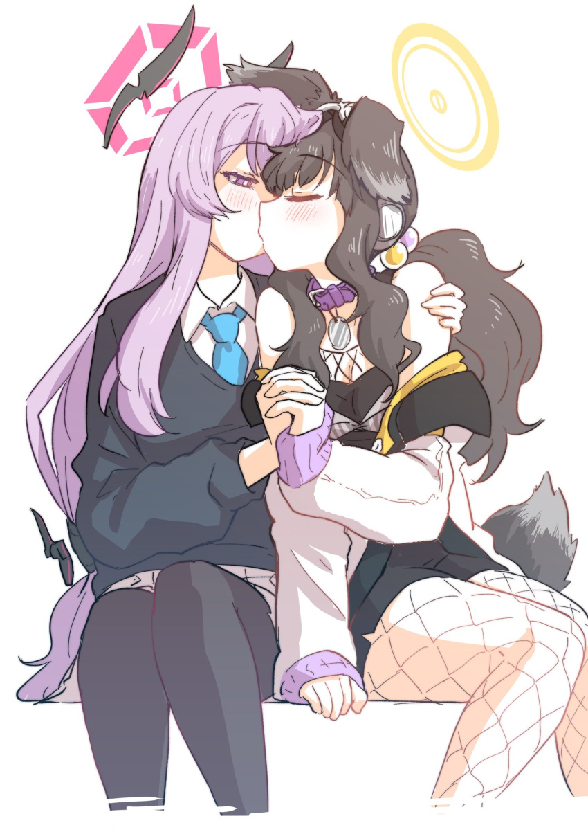 2girls animal_ears black_pantyhose black_shorts black_sweater blue_archive blue_necktie blush brown_hair closed_eyes coat collar collared_shirt dog_ears dog_girl dog_tail feet_out_of_frame fishnet_pantyhose fishnets goggles goggles_on_head hair_bobbles hair_ornament half-closed_eyes halo hand_on_another's_shoulder hariyaa hibiki_(blue_archive) highres holding_hands interlocked_fingers kissing long_hair long_sleeves looking_at_another multiple_girls necktie pantyhose purple_eyes purple_hair shirt shorts sitting sweater sweater_vest tail utaha_(blue_archive) white_coat yellow_halo yuri