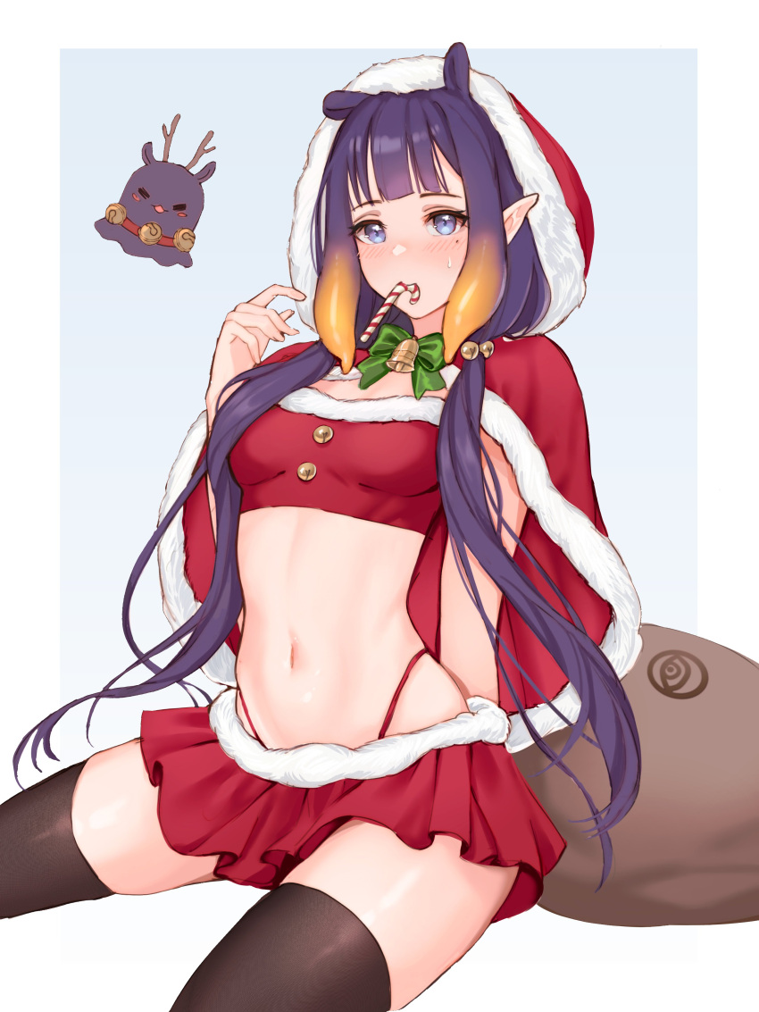 absurdres alternate_costume bell blue_eyes bow candy candy_cane christmas english_commentary evangellium female food fur-trimmed_skirt fur_trim green_bow highres hololive hololive_english navel ninomae_ina'nis pointy_ears purple_hair red_hood red_skirt skirt stomach takodachi_(ninomae_ina'nis) virtual_youtuber