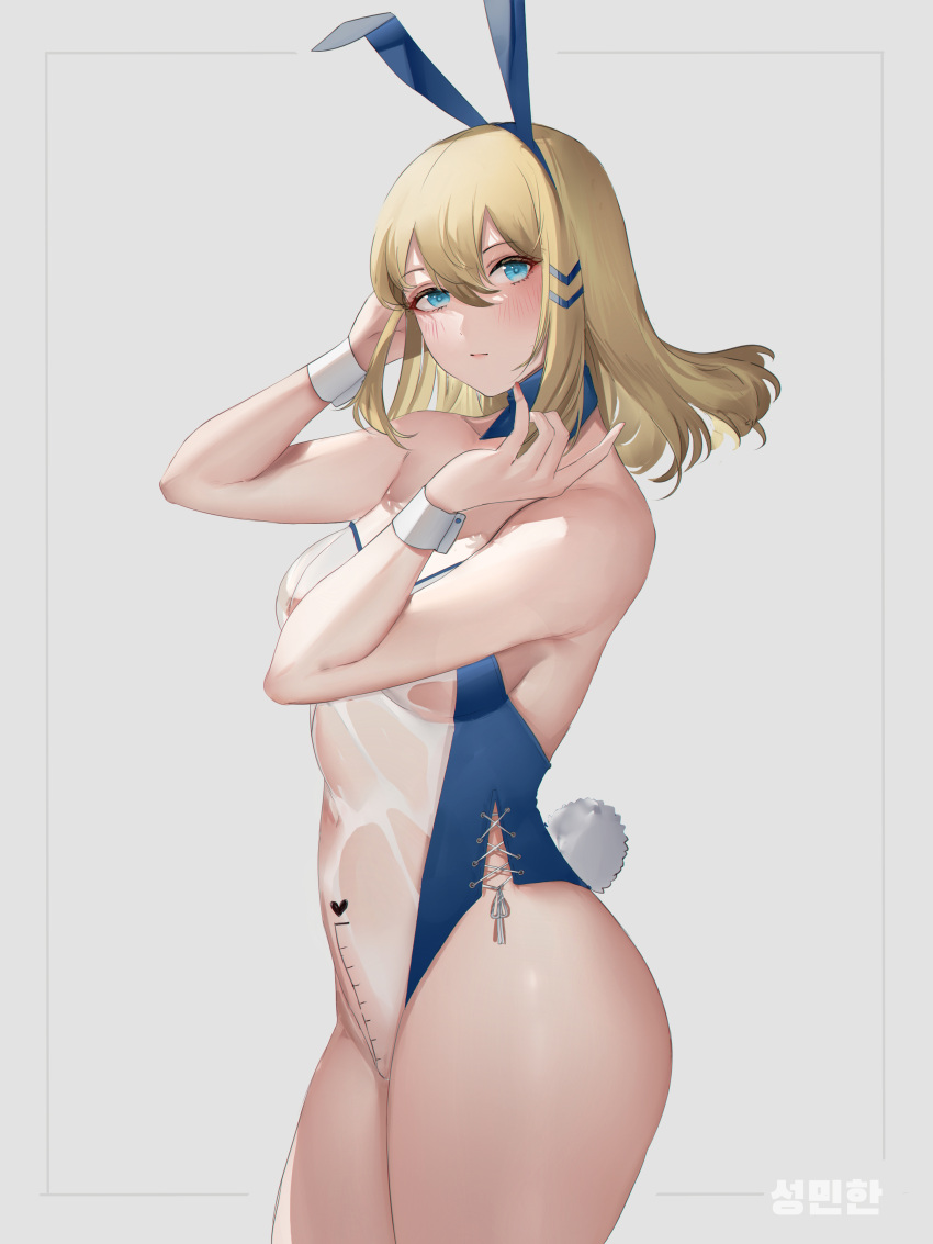 absurdres animal_ears blonde_hair blue_eyes blue_hairband blush breasts closed_mouth cowboy_shot fake_animal_ears female from_side hair_between_eyes hairband hands_up heart highres leotard looking_at_viewer looking_to_the_side medium_breasts medium_hair meme_attire milephunter original penis_measuring playboy_bunny rabbit_ears rabbit_tail see-through see-through_leotard solo tail translucent_bunnysuit wrist_cuffs