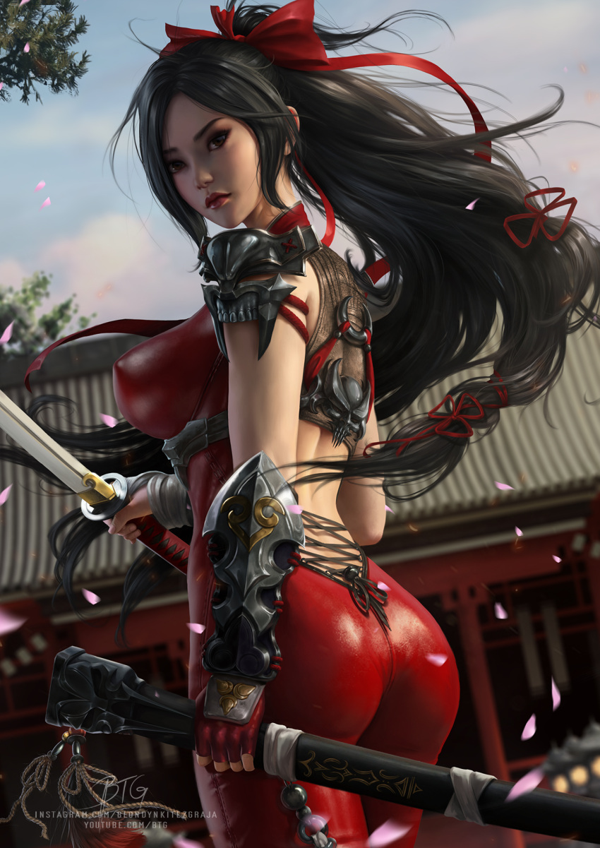 architecture ass backless_bodysuit black_hair blondynkitezgraja bodysuit breasts cloud cloudy_sky cosplay covered_nipples dorothy_blade east_asian_architecture highres holding holding_sword holding_weapon katana large_breasts long_hair looking_at_viewer ponytail red_bodysuit samurai_of_oz sky sword taki_(soulcalibur) taki_(soulcalibur)_(cosplay) unsheathed weapon