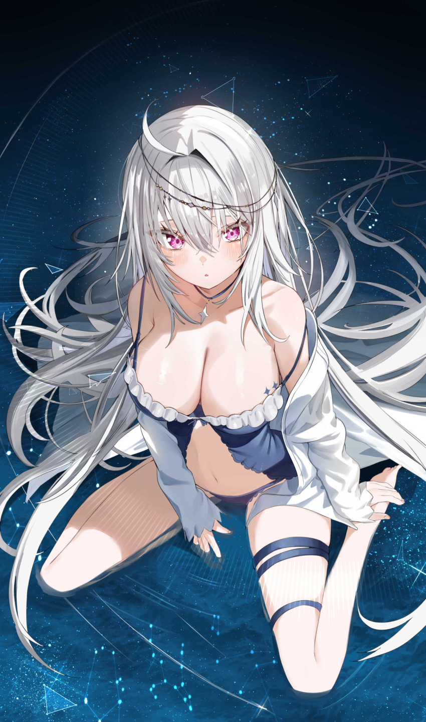 barefoot blue_panties breasts cleavage collarbone commentary_request female from_above full_body grey_hair hair_between_eyes hair_intakes highres kamioka_shun'ya large_breasts long_sleeves looking_at_viewer looking_up off_shoulder open_clothes open_shirt original panties parted_lips purple_eyes shiori_(kamioka_shun'ya) shirt sitting sleeves_past_wrists solo underwear wariza white_shirt