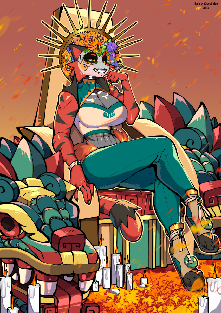 anthro aztec black_body black_fur bodypaint clothing day_of_the_dead face_paint felid feline female flower flower_crown fur generation_7_pokemon hi_res holidays incineroar mammal maria_garcia nintendo plant pokemon pokemon_(species) red_body red_fur ring solo thericegoat