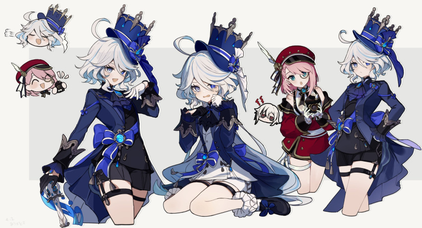 3girls ahoge arlecchino_(genshin_impact) ascot asymmetrical_gloves black_ascot black_gloves black_hair blue_ascot blue_brooch blue_eyes blue_gemstone blue_hair blue_headwear blue_jacket cabbie_hat camera charlotte_(genshin_impact) chibi chibi_inset commentary cowlick detached_sleeves drop-shaped_pupils furina_(genshin_impact) gem genshin_impact gloves hair_between_eyes hat heterochromia highres holding holding_camera hydro_symbol_(genshin_impact) jacket kodona light_blue_hair lolita_fashion long_hair long_sleeves looking_at_viewer merry-san mismatched_gloves mismatched_pupils monocle multicolored_hair multiple_girls multiple_views open_mouth pink_hair puffy_detached_sleeves puffy_sleeves red_headwear red_sleeves short_hair shorts sitting smile splendor_of_tranquil_waters_(genshin_impact) streaked_hair symbol-shaped_pupils top_hat vision_(genshin_impact) wariza white_gloves white_hair white_shorts white_trim_bow x-shaped_pupils